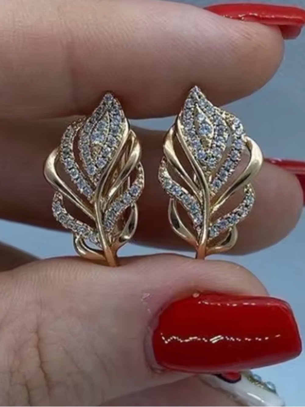 Gold Leaf Crystal Stud Earrings - Elegant Women's Jewelry